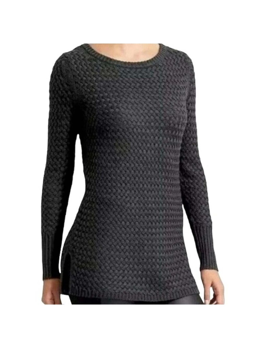 Athleta Women's XS Black  Wool Blend Basketweave Knit Sweater Pullover